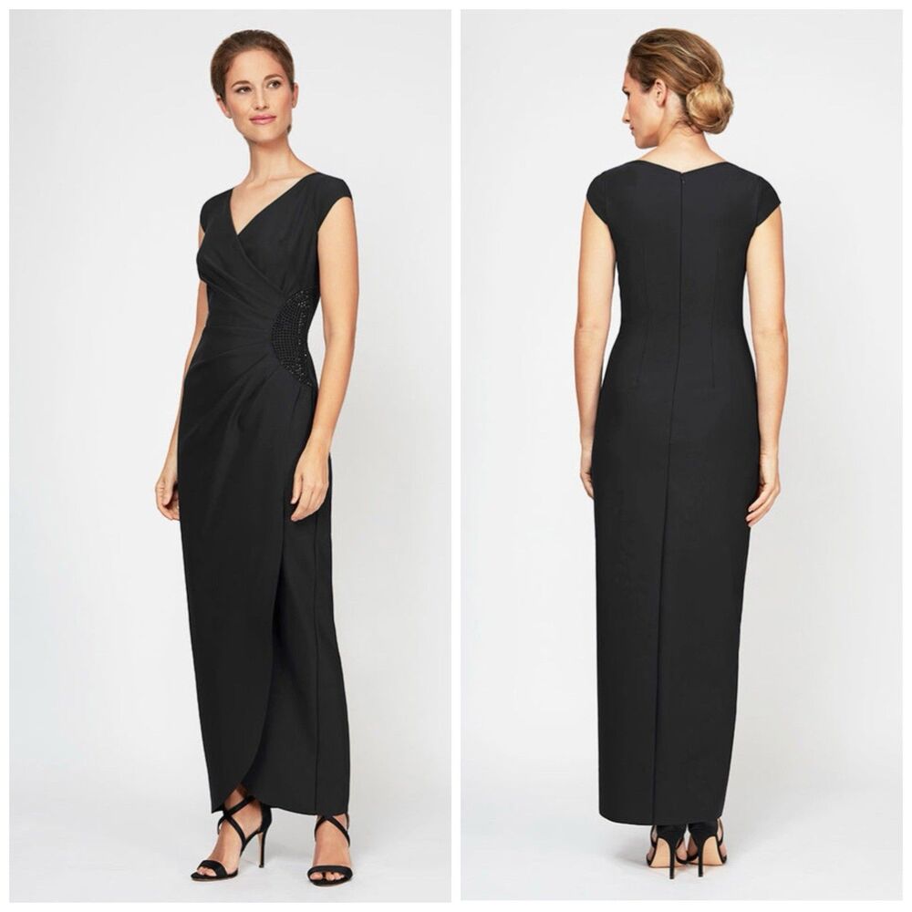 Alex Evenings Elizabeth Contour Surplice Sheath Gown Dress Black Womens 16 NWT